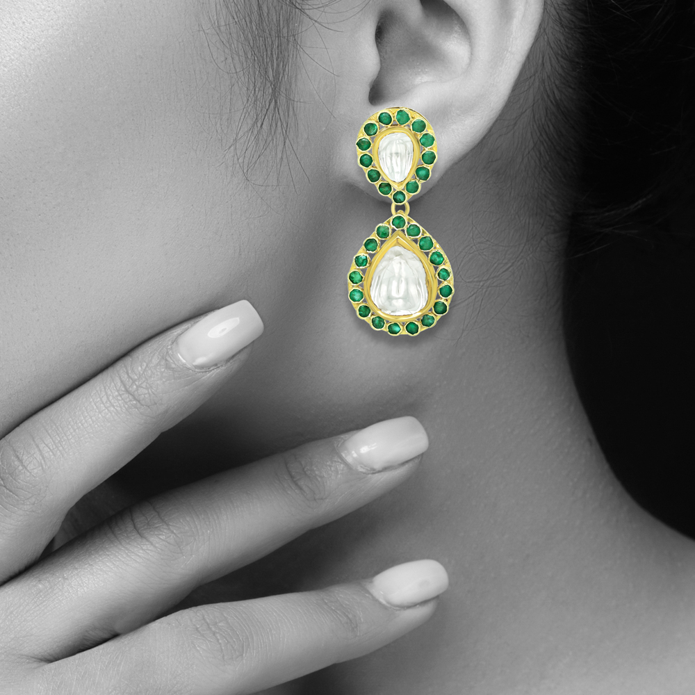 Polki Teardrop Earrings with Emerald Colour Full-Cut Stones